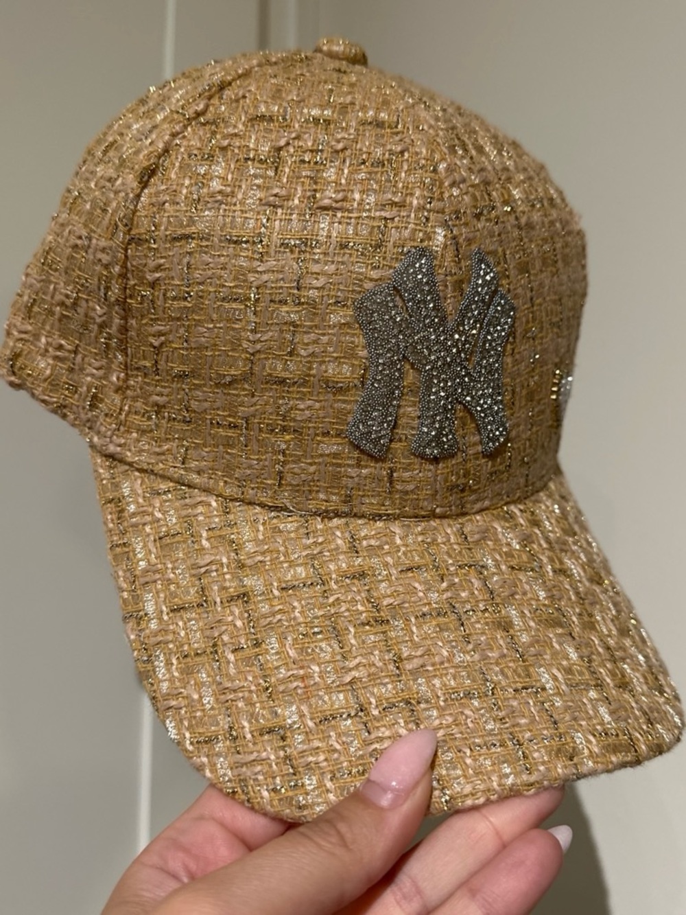 Embellished NY New York Yankees Rhinestone Baseball Cap in Metallic Tweed